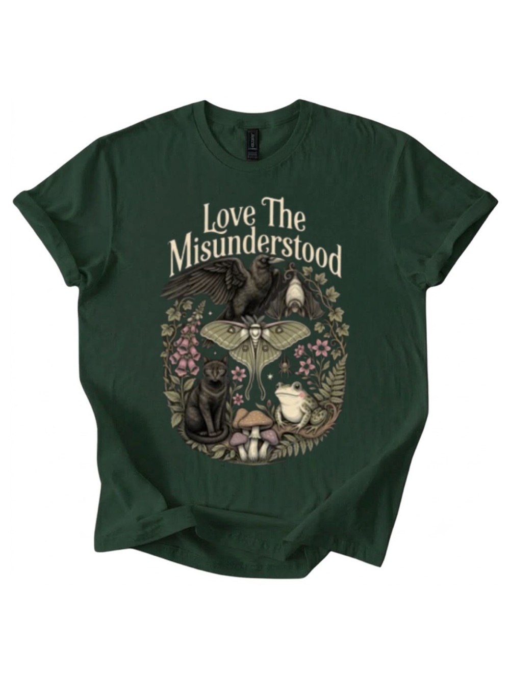 Gildan Love The Misunderstood Dark Green Cat Graphic Tee